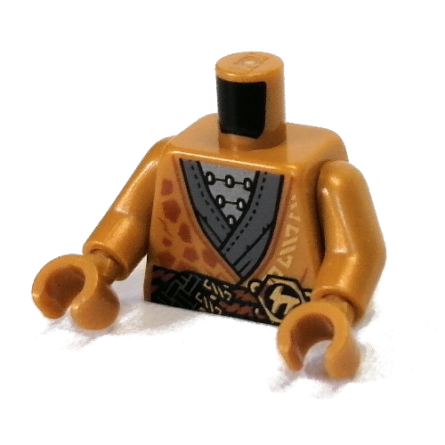 Robe torse avec corde orange, tunique gris bleuté foncé, motif imprimé symbole asiatique or, bras et mains or nacré (Torso Robe with Orange Rope, Dark Bluish Grey Tunic, Gold Asian Symbol Print, Pearl Gold Arms and Hands)