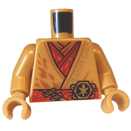 Torse robe avec ceinture rouge, tunique, chemise orange, or asiatique symbole motif imprimé, bras et mains or nacré (Torso Robe with Red Sash, Tunic, Orange Shirt, Gold Asian Symbol Print, Pearl Gold Arms and Hands)