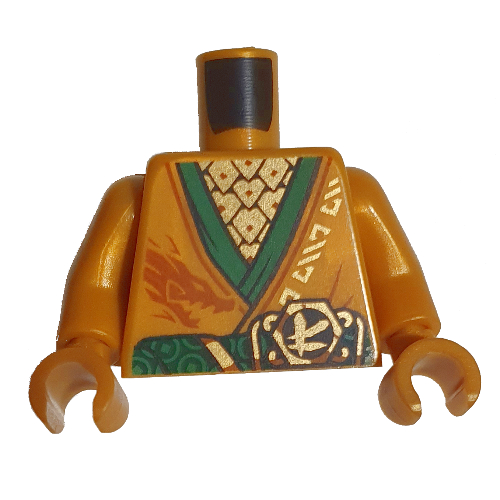 Torse robe, garniture verte, ceinture, or asiatique symbole motif imprimé, bras et mains or nacré (Torso Robe, Green Trim, Belt, Gold Asian Symbol Print, Pearl Gold Arms and Hands)