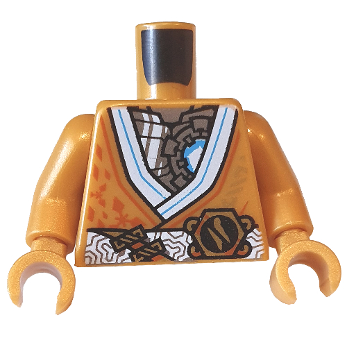 Robe de torse, garniture blanche et azur, léger motif imprimé poitrine mécanique gris bleuâtre, bras et mains or nacré (Torso Robe, White and Azure Trim, Light Bluish Gray Mechanical Chest Print, Pearl Gold Arms and Hands)