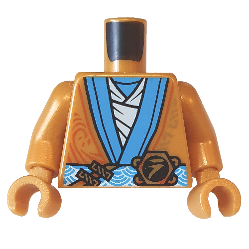 Visuel indicatif Rebrickable de Robe de torse, garniture bleu azur foncé, ceinture blanche avec symbole noir, motif imprimé sous-vêtement blanc, bras et mains or nacré (Torso Robe, Dark Azure Trim, White Belt with Black Symbol, White Undershirt Print, Pearl Gold Arms and Hands)
