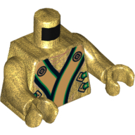 Robe torse avec ceinture noire, verte et or et tête de lion sur motif imprimé dos, bras et mains or nacré (Torso Robe with Black, Green and Gold Sash and Lion Head on Back Print, Pearl Gold Arms and Hands)