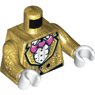 Veste torse avec des mouchetures blanches sur chemise volantée, noeud papillon chauve-souris rose, deux boutons motif imprimé (Batman), bras d'or nacré avec motif imprimé mouchetés, mains blanches (Torso Jacket with White Speckles over Ruffled Shirt, Pink Bat Bow Tie, Two Buttons Print (Batman), Pearl Gold Arms with Speckles Print, White Hands)
