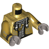 Torse, veste, câble USB, collier avec motif imprimé note de musique, bras en or nacré avec poignets et motif imprimé circuit, mains argent mat (Torso, Jacket, USB Cable, Necklace with Music Note Print, Pearl Gold Arms with Cuffs and Circuitry Print, Flat Silver Hands)