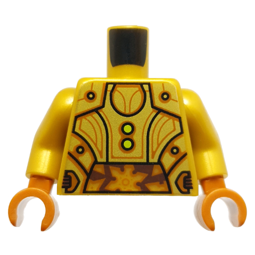 Torse, panneaux de droïde, lignes orange foncé, motif imprimé vert citron lights, bras or nacré, mains orange foncé (Torso, Droid Panels, Dark Orange Lines, Lime Lights Print, Pearl Gold Arms, Dark Orange Hands)