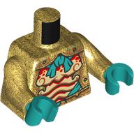 Torse, armure, motif imprimé poitrine de crevettes jaune/rouge clair, bras or nacré, mains turquoise foncé (Torso, Armour, Bright Light Yellow/Red Shrimp Chest Print, Pearl Gold Arms, Dark Turquoise Hands)