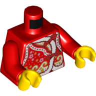 Torse, robe avec garniture de fourrure blanche, fleurs, vagues dorées motif imprimé, bras rouges, mains jaunes (Torso, Robe with White Fur Trim, Flowers, Golden Waves Print, Red Arms, Yellow Hands)