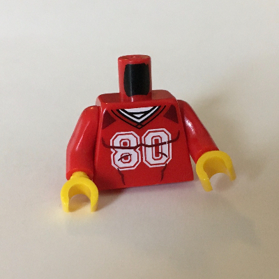 Visuel indicatif Rebrickable de Torse, chemise de hockey sur glace, col en V et '80' motif imprimé devant et dos, bras rouges, mains jaunes (Torso, Ice Hockey Shirt, V-Neck and '80' Front and Back Print, Red Arms, Yellow Hands)
