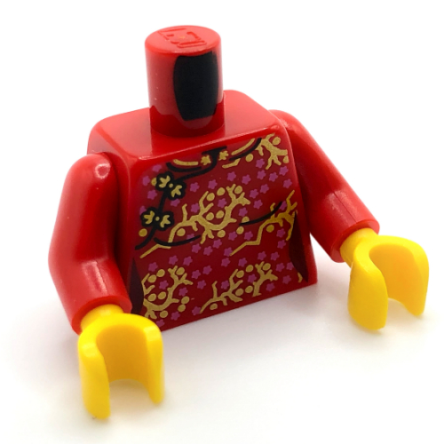 Visuel indicatif Rebrickable de Torse, tunique, fleurs d'or et rose fleur, motif imprimé fermoirs argent, bras rouges, mains jaunes (Torso, Tunic, Gold and Pink Blossom Flowers, Silver Clasps Print, Red Arms, Yellow Hands)