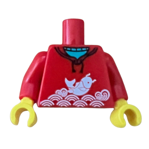 Torse, sweat à capuche, koi blanc avec motif imprimé vagues, bras rouges, mains jaunes (Torso, Hoodie, White Koi with Waves Print, Red Arms, Yellow Hands)