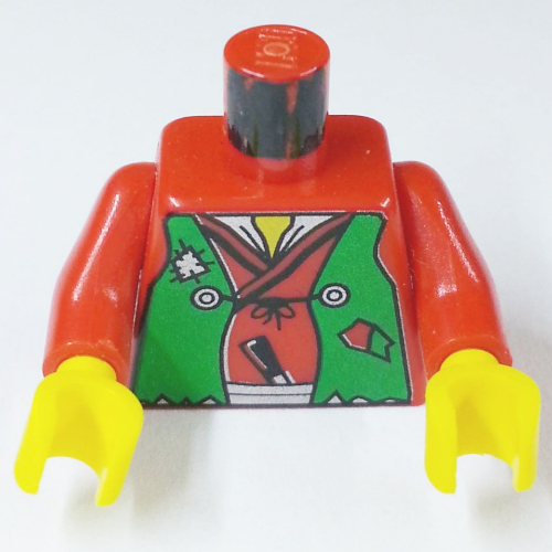 Visuel indicatif Rebrickable de Torse, gilet vert en lambeaux imprimé (voleur), bras rouges, mains jaunes (Torso, Vest Green Tattered Print (Robber), Red Arms, Yellow Hands)