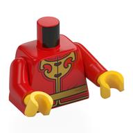 Torse, tunique, ceinture d'or, garniture, motif imprimé emblème, bras rouges, mains jaunes (Torso, Tunic, Gold Sash, Trim, Emblem Print, Red Arms, Yellow Hands)