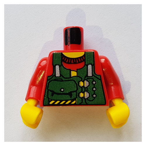 Visuel indicatif Rebrickable de Torse, gilet, Vert avec motif imprimé pochettes (Bandit), bras rouges, mains jaunes (Torso, Vest, Green with Pouches Print (Bandit), Red Arms, Yellow Hands)
