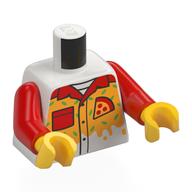 Torse, uniforme de pizza, col rouge, poche, fromage orange clair vif, motif imprimé de rayures de vert citron, bras rouges, mains jaunes (Torso, Pizza Uniform, Red Collar, Pocket, Bright Light Orange Cheese, Lime Stripes Print, Red Arms, Yellow Hands)