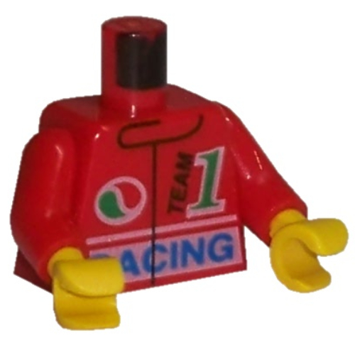 Torse, veste de course avec logo Octan, motif imprimé 'Team 1' et 'Racing', bras rouges, mains jaunes (Torso, Racing Jacket with Octan Logo, 'Team 1' and 'Racing' Print, Red Arms, Yellow Hands)