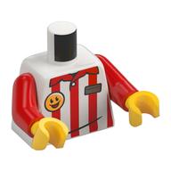 Visuel indicatif Rebrickable de Torse, Chemise rayée rouge, Smiley, Badge d'identité imprimé, bras rouges, mains jaunes (Torso, Red Striped Shirt, Smiley, ID Badge Print, Red Arms, Yellow Hands)