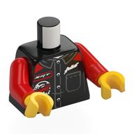 Visuel indicatif Rebrickable de Torse, veste, Larme blanche, Badge rouge/blanc imprimé, bras rouges, mains jaunes (Torso, Jacket, White Tear, Red/White Badge Print, Red Arms, Yellow Hands)