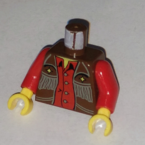 Torse, gilet de cowboy avec frange, étoiles d'or et chemise rouge motif imprimé, bras rouges, mains jaunes (Torso, Cowboy Vest with Fringe, Gold Stars and Red Shirt Print, Red Arms, Yellow Hands)
