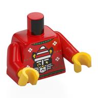 Visuel indicatif Rebrickable de Torse, pull de Noël laid, chat noir, motif : chapeau rouge et blanc, bras rouges, mains jaunes (Torso, Ugly Christmas Sweater, Black Cat, Red/White Hat Print, Red Arms, Yellow Hands)