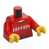 Visuel indicatif Rebrickable de Torse, sweat à capuche, lacets, ceinture argentée, motif imprimé blanc 'FERRARI', bras rouges, mains jaunes (Torso, Hoody, Laces, Silver Belt, White 'FERRARI' Print, Red Arms, Yellow Hands)