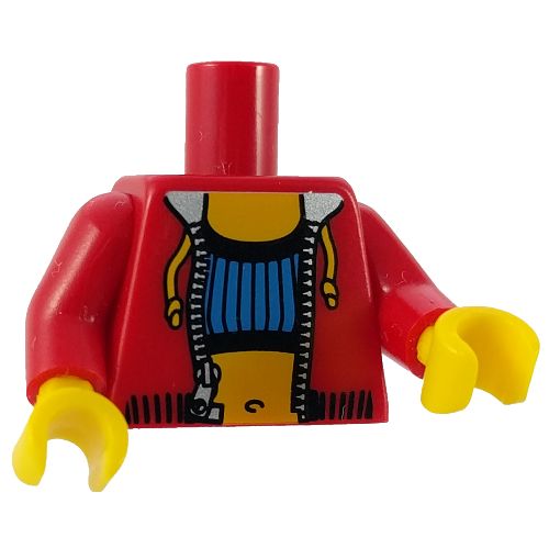 Visuel indicatif Rebrickable de Torse, sweat à capuche avec fermeture éclair sur le dessus du tube bleu et le nombril / logo LEGO à l'arrière motif imprimé, bras rouges, mains jaunes (Torso, Hoodie with Zipper over Blue Tube Top and Navel / LEGO Logo on Back Print, Red Arms, Yellow Hands)