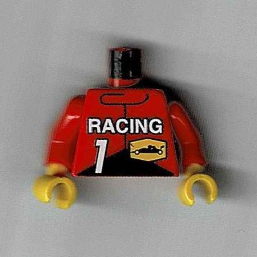 Torse, veste de course avec logo de course, motif : inscription '1' et inscription 'Racing', bras rouges, mains jaunes (Torso, Racing Jacket with Race Logo, '1' and 'Racing' Print, Red Arms, Yellow Hands)