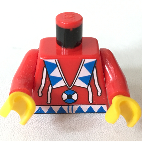 Visuel indicatif Rebrickable de Torse, culotte indienne américaine avec triangles, motif imprimé amulette bleu/blanc, bras rouges, mains jaunes (Torso, American Indian Breechcloth with Triangles, Blue/White Amulet Print, Red Arms, Yellow Hands)