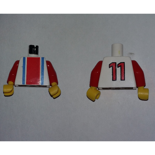 Visuel indicatif Rebrickable de Torse, chemise de football verticale rayé rouge/bleu / '11' dos motif imprimé, bras rouges, mains jaunes (Torso, Soccer Shirt Vertical Striped Red/Blue / '11' Back Print, Red Arms, Yellow Hands)
