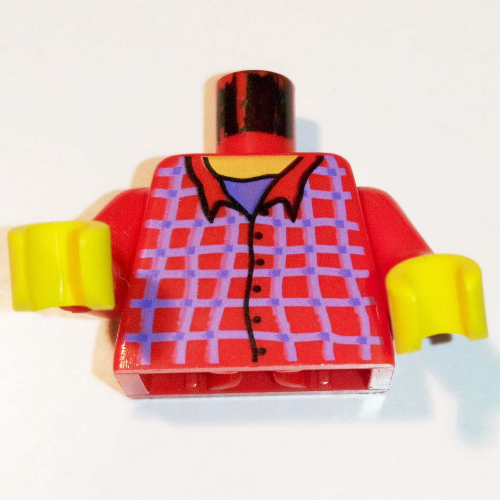 Visuel indicatif Rebrickable de Torse, chemise avec des rayures boîte bleue et boutons motif imprimé, bras rouges, mains jaunes (Torso, Shirt with Blue Box Stripes and Buttons Print, Red Arms, Yellow Hands)
