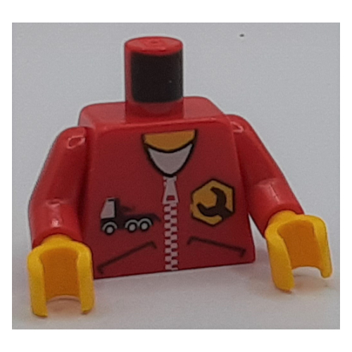 Torse, veste avec fermeture à glissière, logo de clé et camion motif imprimé, bras rouges, mains jaunes (Torso, Jacket with Zipper, Wrench Logo and Truck Print, Red Arms, Yellow Hands)