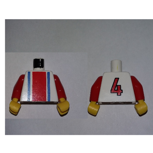 Visuel indicatif Rebrickable de Torse, Maillot de foot à rayures verticales Rouge/Bleu / '4' Arrière motif imprimé, bras rouges, mains jaunes (Torso, Soccer Shirt with Vertical Striped Red/Blue / '4' Back Print, Red Arms, Yellow Hands)