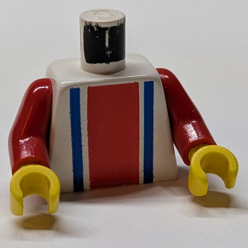 Visuel indicatif Rebrickable de Torse, Maillot de foot à rayures verticales Rouge/Bleu / '9' Arrière motif imprimé, bras rouges, mains jaunes (Torso, Soccer Shirt with Vertical Striped Red/Blue / '9' Back Print, Red Arms, Yellow Hands)