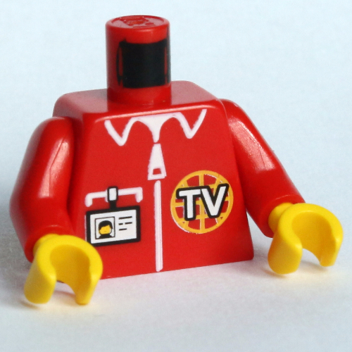 Visuel indicatif Rebrickable de Torse, veste avec logo de télévision, fermeture éclair et badge d'identité / logo LEGO sur le dos motif imprimé, bras rouges, mains jaunes (Torso, Jacket with TV Logo, Zipper and ID Badge / LEGO Logo on Back Print, Red Arms, Yellow Hands)