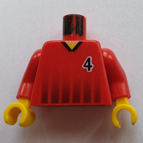 Visuel indicatif Rebrickable de Torse, chemise de football, rayures noires et motif imprimé '4' devant et dos, bras rouges, mains jaunes (Torso, Soccer Shirt, Black Fading Stripes and '4' Front and Back Print, Red Arms, Yellow Hands)