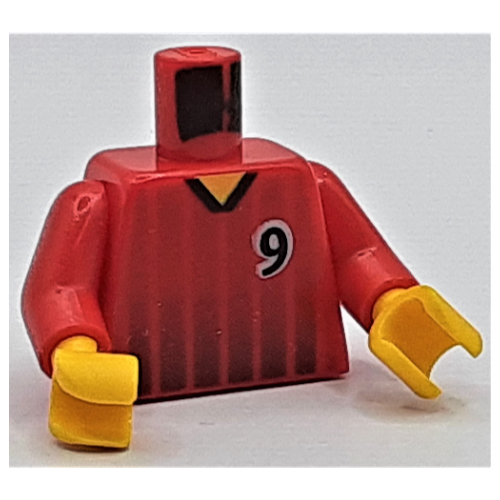 Visuel indicatif Rebrickable de Torse, chemise de football, rayures noires et motif imprimé '9' devant et dos, bras rouges, mains jaunes (Torso, Soccer Shirt, Black Fading Stripes and '9' Front and Back Print, Red Arms, Yellow Hands)