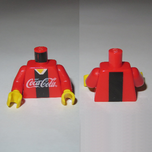Torse, Chemise col en V avec logo Coca-Cola et motif imprimé à rayures noires, bras rouges, mains jaunes (Torso, V-Neck Shirt with Coca-Cola Logo and Black Stripe Print, Red Arms, Yellow Hands)