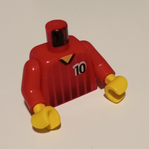 Visuel indicatif Rebrickable de Torse, chemise de football, rayures noires et motif imprimé '10' devant et dos, bras rouges, mains jaunes (Torso, Soccer Shirt, Black Fading Stripes and '10' Front and Back Print, Red Arms, Yellow Hands)