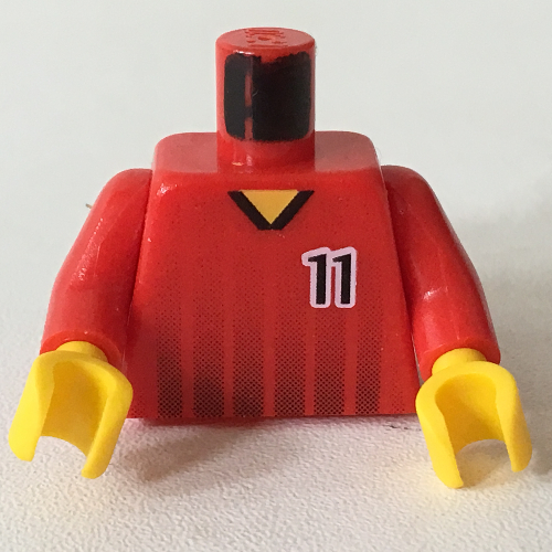Visuel indicatif Rebrickable de Torse, chemise de football, rayures noires et motif imprimé '11' devant et dos, bras rouges, mains jaunes (Torso, Soccer Shirt, Black Fading Stripes and '11' Front and Back Print, Red Arms, Yellow Hands)