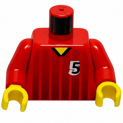 Visuel indicatif Rebrickable de Torse, chemise de football, rayures noires et motif imprimé '5' devant et dos, bras rouges, mains jaunes (Torso, Soccer Shirt, Black Fading Stripes and '5' Front and Back Print, Red Arms, Yellow Hands)