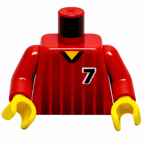 Visuel indicatif Rebrickable de Torse, chemise de football, rayures noires et motif imprimé '7' devant et dos, bras rouges, mains jaunes (Torso, Soccer Shirt, Black Fading Stripes and '7' Front and Back Print, Red Arms, Yellow Hands)
