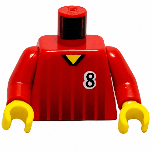 Visuel indicatif Rebrickable de Torse, chemise de football, rayures noires et motif imprimé '8' devant et dos, bras rouges, mains jaunes (Torso, Soccer Shirt, Black Fading Stripes and '8' Front and Back Print, Red Arms, Yellow Hands)