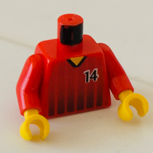Torse, chemise de football, rayures noires et motif imprimé '14' devant et dos, bras rouges, mains jaunes (Torso, Soccer Shirt, Black Fading Stripes and '14' Front and Back Print, Red Arms, Yellow Hands)