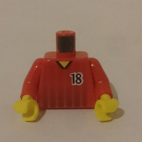 Visuel indicatif Rebrickable de Torse, chemise de football, rayures noires et motif imprimé '18' devant et dos, bras rouges, mains jaunes (Torso, Soccer Shirt, Black Fading Stripes and '18' Front and Back Print, Red Arms, Yellow Hands)