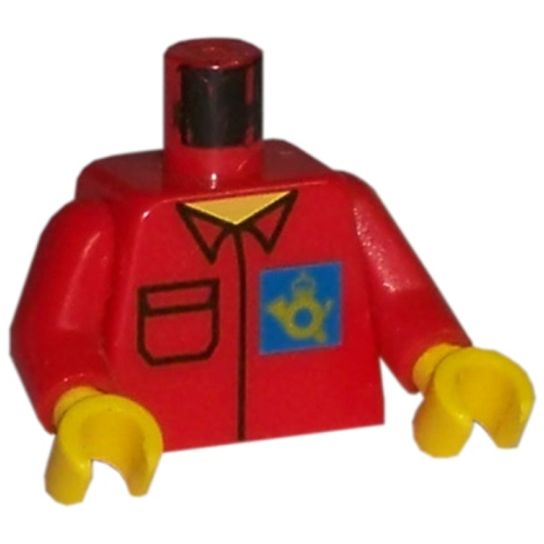 Visuel indicatif Rebrickable de Torse, chemise avec logo de corne de bureau de poste sur fond bleu imprimé, bras rouges, mains jaunes (Torso, Shirt with Post Office Horn Logo on Blue Background Print, Red Arms, Yellow Hands)