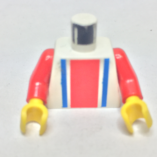 Torse, Maillot de foot à rayures verticales Rouge/Bleu / '3' Arrière motif imprimé, bras rouges, mains jaunes (Torso, Soccer Shirt with Vertical Striped Red/Blue / '3' Back Print, Red Arms, Yellow Hands)