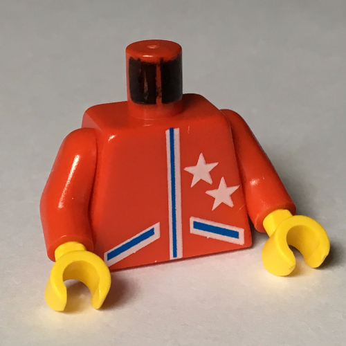 Visuel indicatif Rebrickable de Torse, Veste de course avec motif imprimé deux étoiles et lignes de poche bleues, bras rouges, mains jaunes (Torso, Racing Jacket with Two Stars and Blue Pocket Lines Print, Red Arms, Yellow Hands)