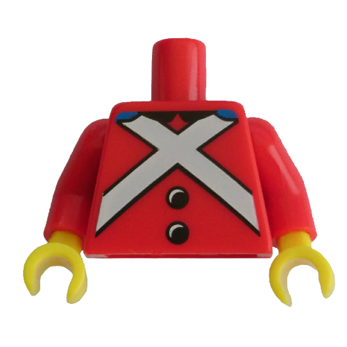 Visuel indicatif Rebrickable de Torse, uniforme de garde royal avec boutons noirs et ceintures croisées blanches motif imprimé, bras rouges, mains jaunes (Torso, Royal Guard Uniform with Black Buttons and White Crossed Belts Print, Red Arms, Yellow Hands)