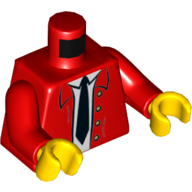 Torse, Veste ouverte avec Chemise blanche, Cravate noire et 4 boutons motif imprimé, bras rouges, mains jaunes (Torso, Jacket Open with White Shirt, Black Tie and 4 Buttons Print, Red Arms, Yellow Hands)