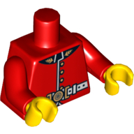 Visuel indicatif Rebrickable de Torse, uniforme de garde royale avec boutons dorés et motif imprimé ceinture blanche, bras rouges, mains jaunes (Torso, Royal Guard Uniform with Gold Buttons and White Belt Print, Red Arms, Yellow Hands)