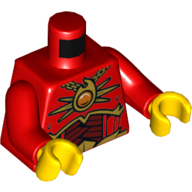Torse, armure, rouge foncé et or avec pendentif Fire Chi et motif imprimé chaîne, bras rouges, mains jaunes (Torso, Armor, Dark Red and Gold with Fire Chi Pendant and Chain Print, Red Arms, Yellow Hands)